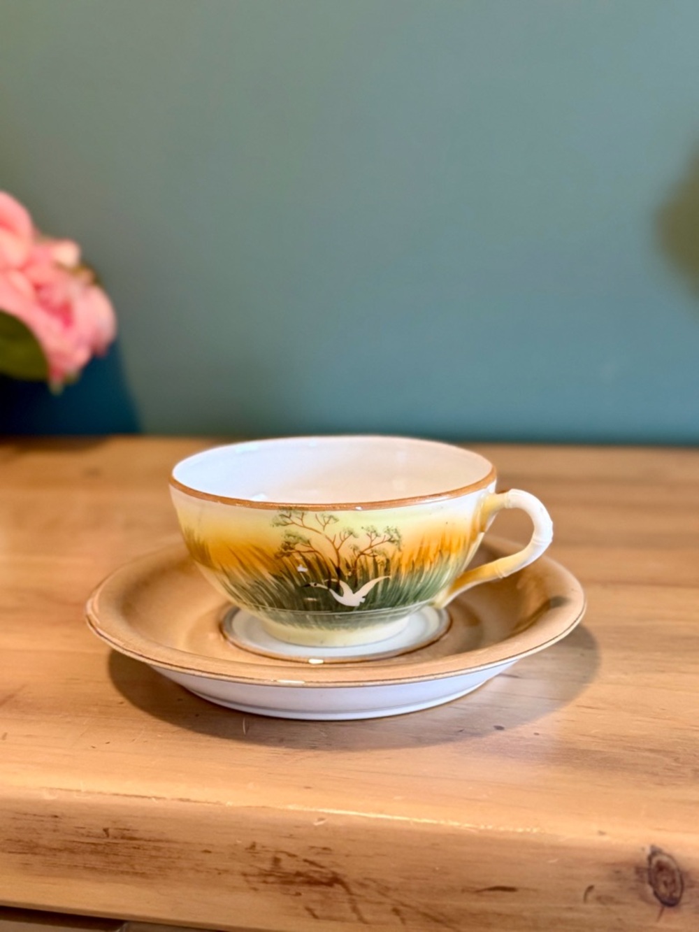 Vintage Hand Painted Japanese Crane Teacup & Saucer Set Mismatched